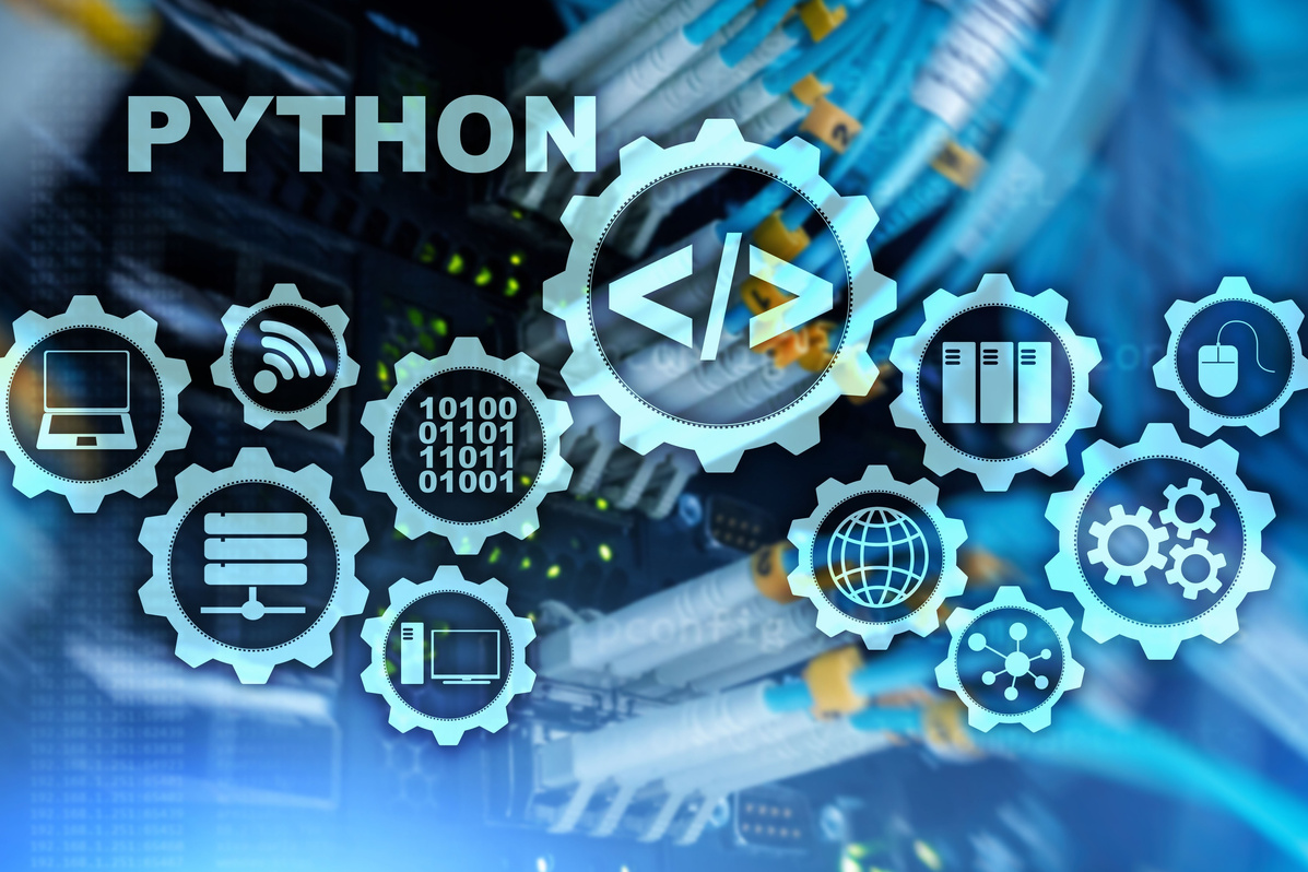 Python Programming Language on server room background. Programing workflow abstract algorithm concept on virtual screen.